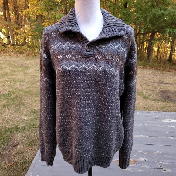 Gray Timberland Convertible Button Mock Turtleneck Fair Isle Sweater size Large - Picture 1 of 16